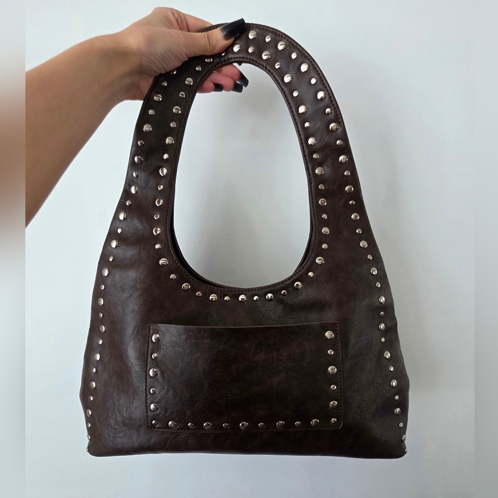 Studded Dark Brown Leatherette Shoulder Bag